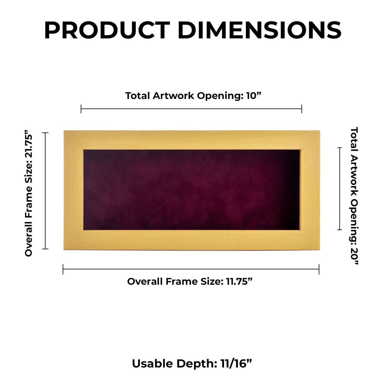 Classic Natural Wood Shadow Box Frame with Acrylic Front - Dark Red Suede Backing, 30 Sizes